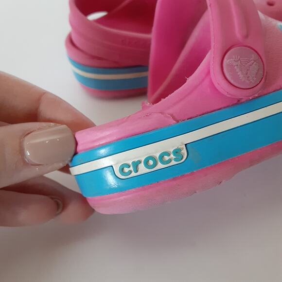 Crocs Crocband Clogs Toddler 4/5 Hot Pink Blue Stripe Retro Water Shoes Summer - Picture 8 of 10